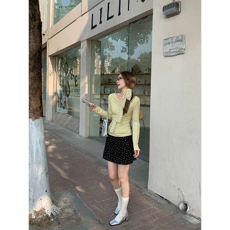 Pure Desire To Swing Collar, Scarf, Waist and Thin Irregular Long-sleeved T-shirt Women's Spring and Autumn Beautiful Fungus Edge Inner Top