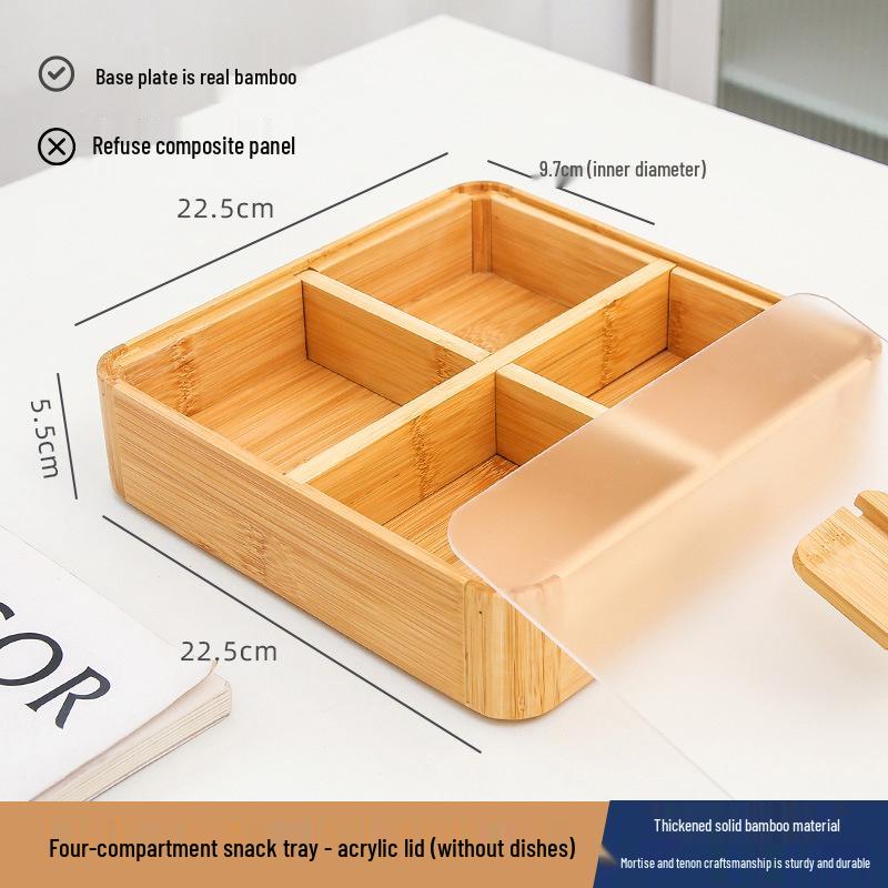 Japanese Bamboo & Wood Snack Box - 4-Compartment Plate for Pastries, Nuts, Seeds, & Dried Fruit