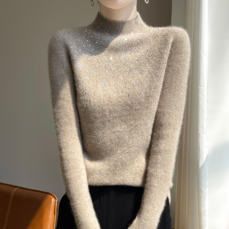 2025 Autumn/Winter Women's Rhinestone Ribbed Knit Sweater: Stylish Long-Sleeve, Half-High Neck, Loose Fit.