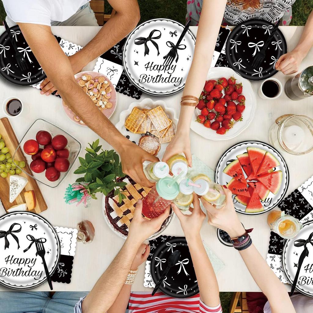 Black Bowknot Paper Plates Disposable Tableware Birthday Party Supplies Decorative Dinner Plates Napkins Baby Shower Party Decor