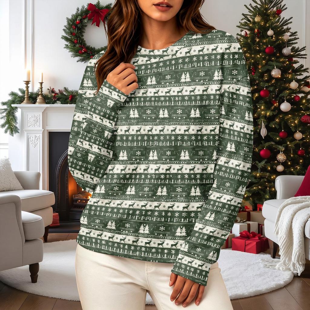 Women's Casual Long Sleeve Christmas Print Crewneck Sweatshirt Top for Holiday Wear
