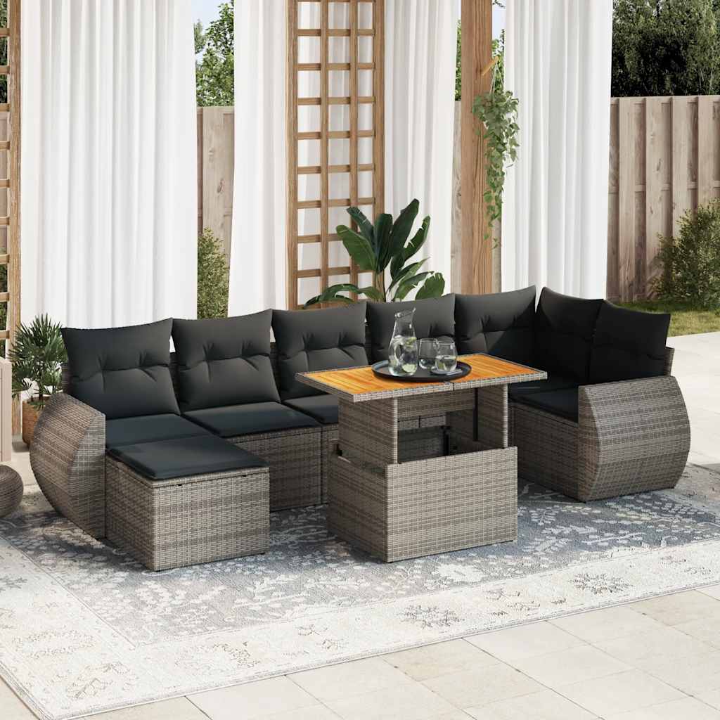 Vidaxl 8-Cz. Garden Furniture Set With Cushions, Grey, Poly Rattan