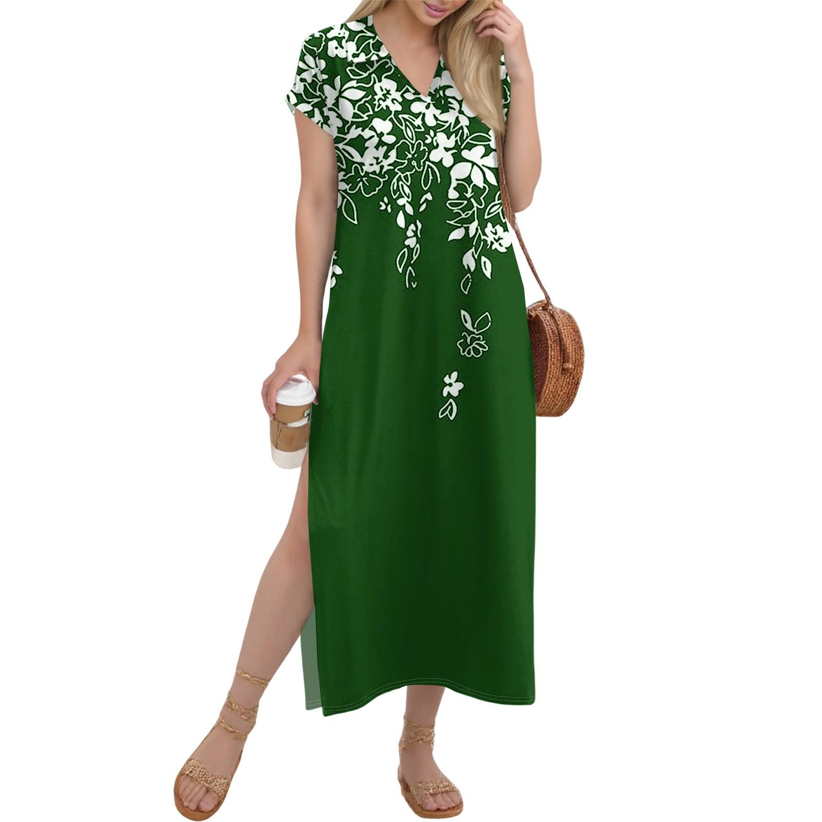 

Женское длинное платье-рубашка с V-образным вырезом, повседневное, с коротким рукавом и свободным разрезом XL