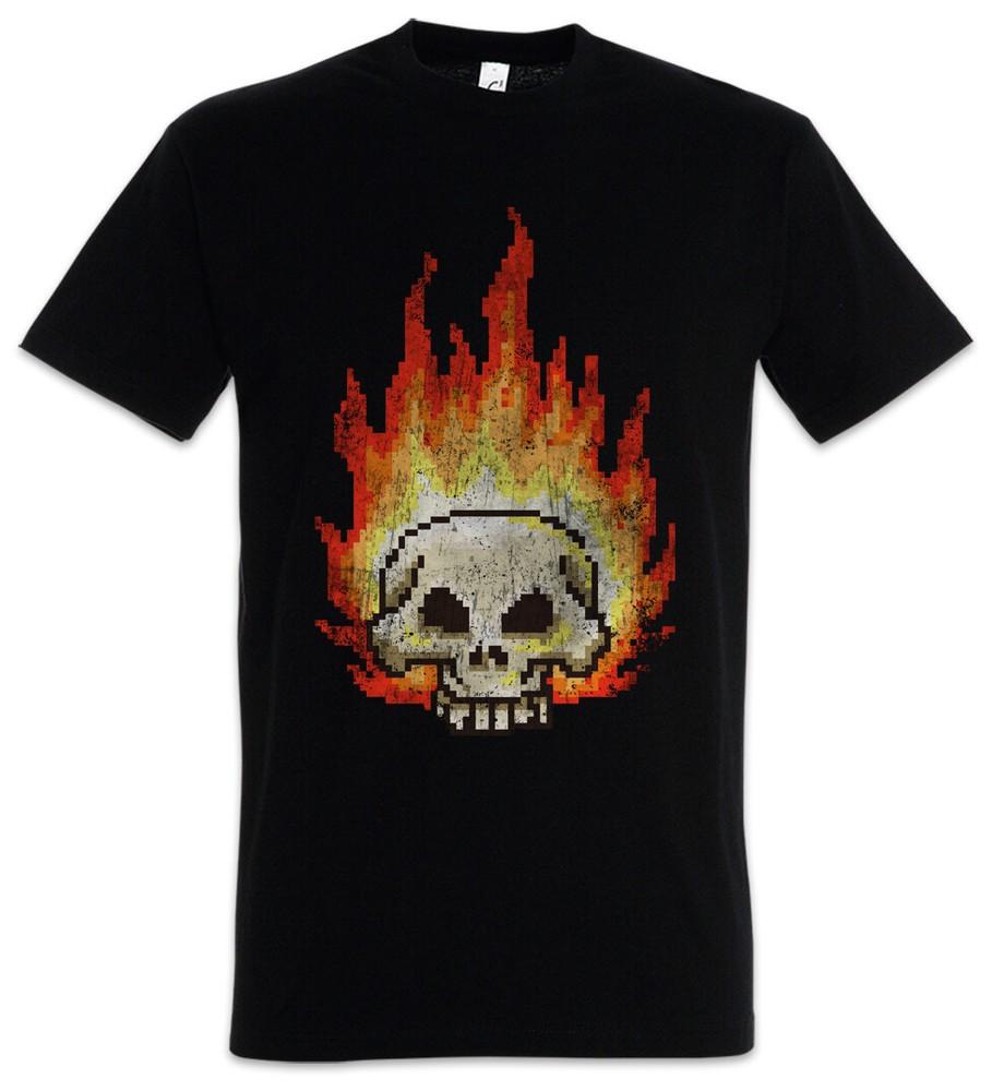 Pixel Burning Skull T-Shirt 8 Bit Geek Nerd Gaming Gamer Games Fun Retro Skulls