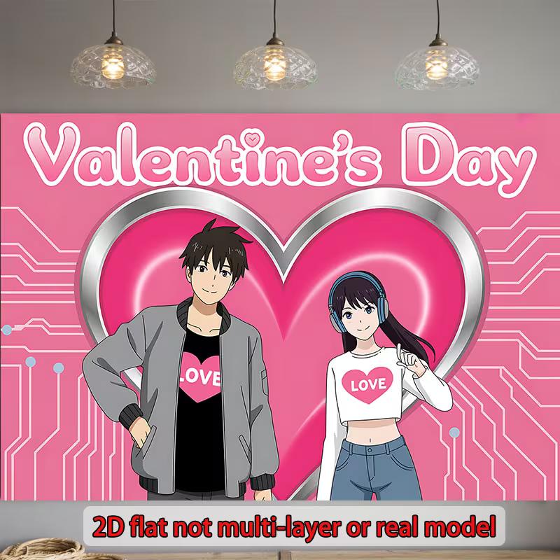2D Anime Couple Valentine s Backdrop for Wedding & Couple Photos 47.2x31.5inch/120*80cm