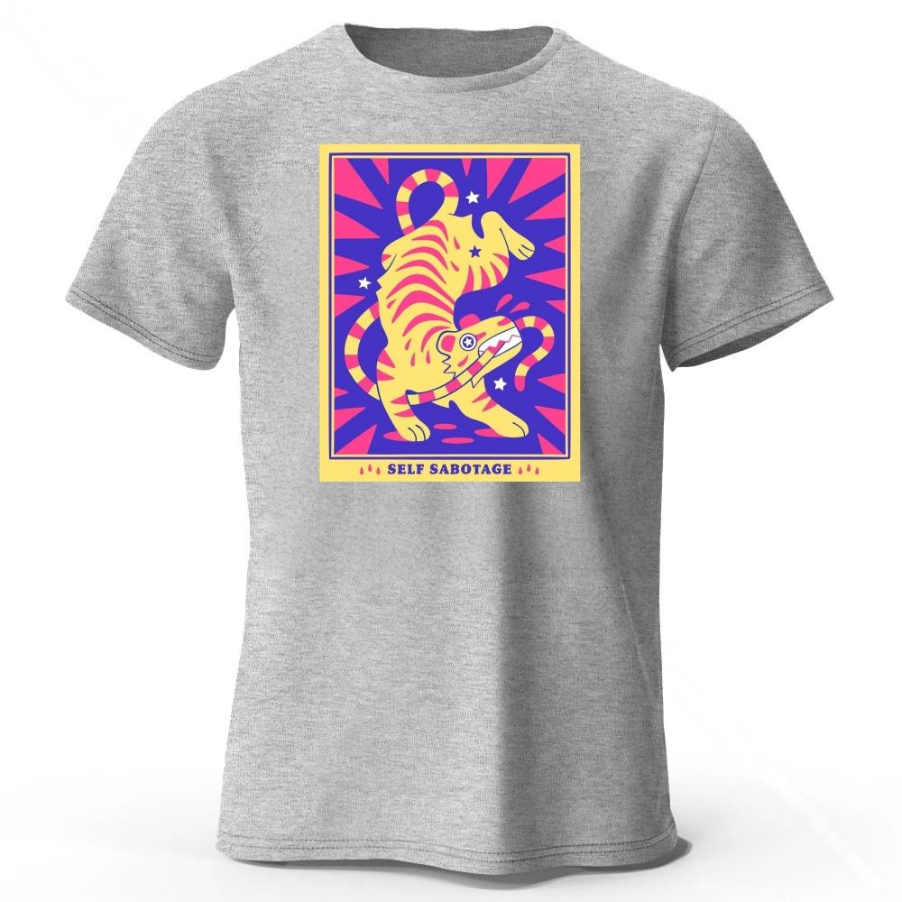 

Men s Retro Tarot Card Tiger Print Pure Cotton T-shirt Fitness Sports Breathable Short Sleeved O-neck T-shirt Casual Wear S сірий