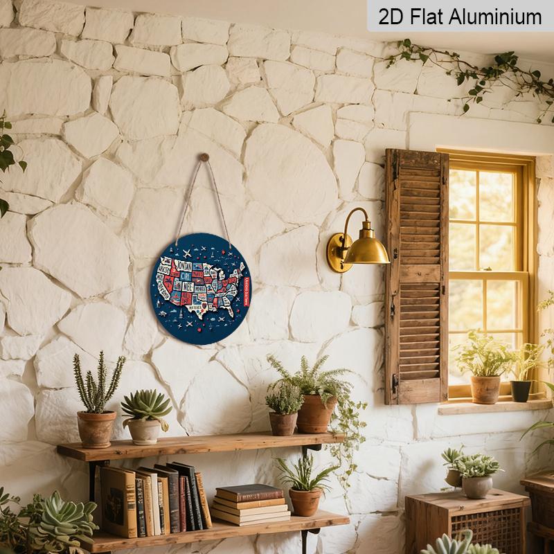 2D Flat, 1pc Round Aluminum Hanging Sign, USA State Map Metal Wall Art, Retro Travel Map Design, Perfect for Patriotic Decor, Man Cave, Garage