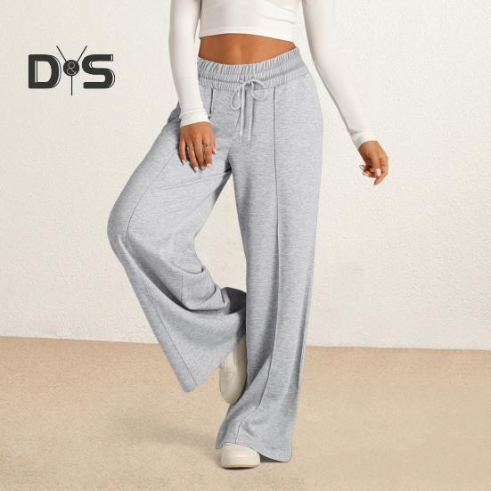 Women Sweatpants Elastic Mid-rise Adjustable Drawstring Straight Wide Leg Jogger Athletic Pants with Pockets Loose Fit Yoga Trousers
