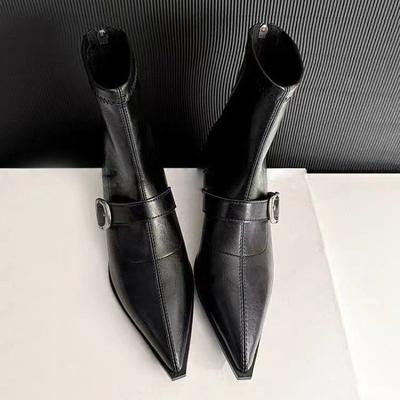 Pointed Toe Heeled Ankle Boots for Women Mid Heels Leather  Winter Trend Gothic Boots Pumps Walking Retro Mujer Botas