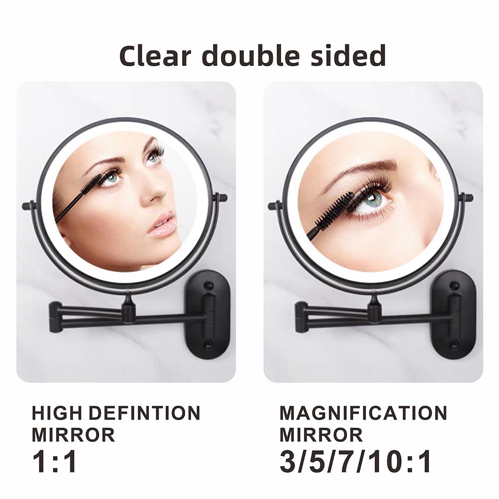 8 Inch Black Wall Mounted Bathroom Mirror 10x Magnifying Makeup Mirror Adjustable Dimming Vanity Cosmetic Mirrors with Light