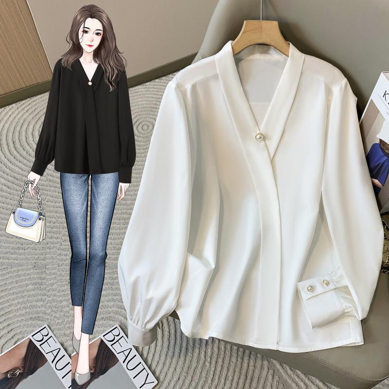 

Elegant Plus Size V-Neck Long-Sleeved Shirt for Women - French Style 2026 Spring/Autumn 3XL слонова кістка