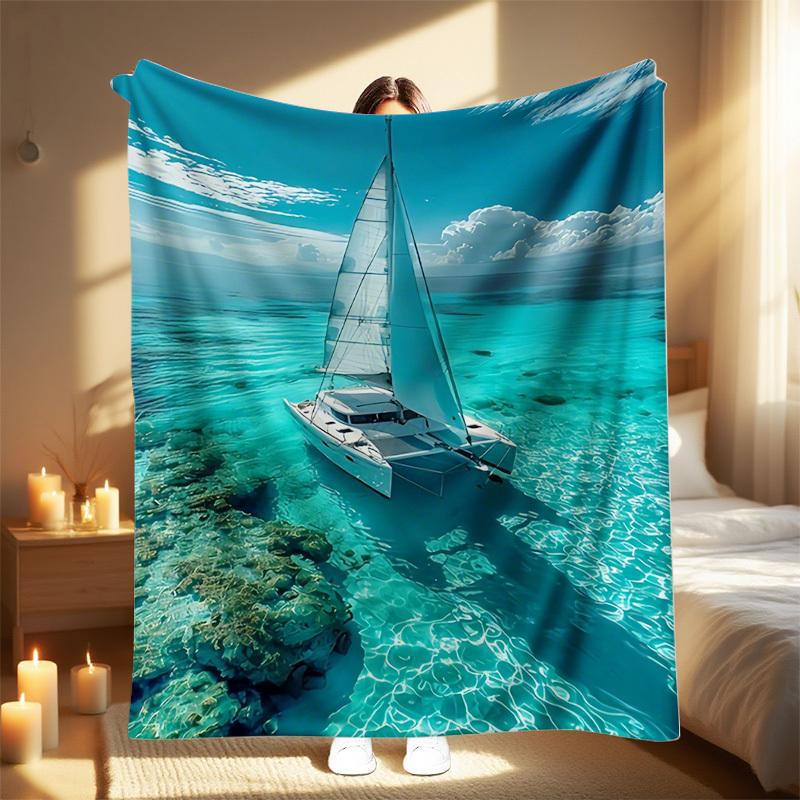 1Pc Nautical Sailboat Turquoise Ocean Blue & Turquoise All-Season Blanket - Soft Lightweight Throw For Couch, Bed, Camping, Trav