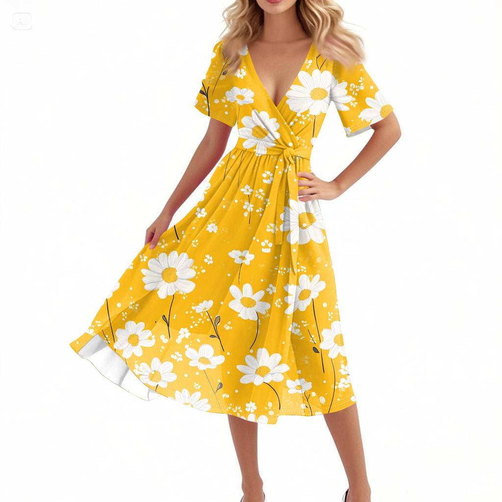 Women's Casual Fashion Flared Skirt V-neck Short-sleeved Floral Print Dress