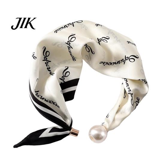 Silk Scarf with Faux Pearl Buttons Women Striped Leopard Dot Print Necklace Magnetic Formal Wear Accessories Black White