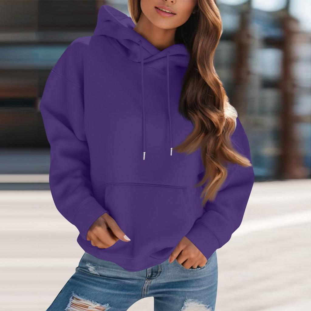 Women's Fashion Solid Color Hooded Drawstring  Long Sleeve Loose Pullover Sweatshirt Top