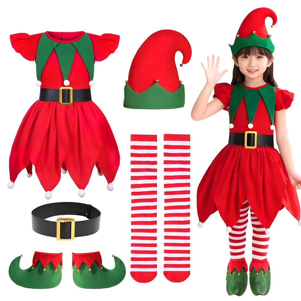 Yi-gog Weihnachtsmann Cosplay Kinder 5-teiliges Set, Enthält Elfen-Weihnachtskleid, Mütze, Gürtel und Weihnachtssocken, Perfekt für Fotoshootings, Veranstaltungen und Partys