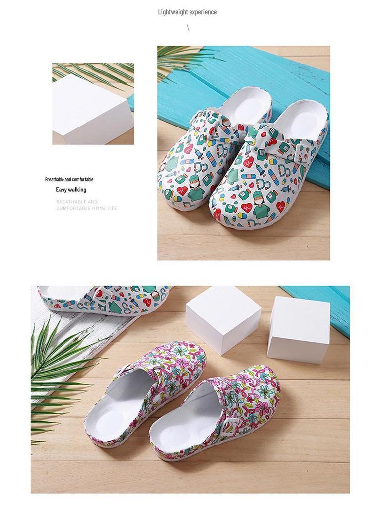 Women's Backless Cartoon Print EVA Slippers - Durable, Soft Sole Hospital Footwear