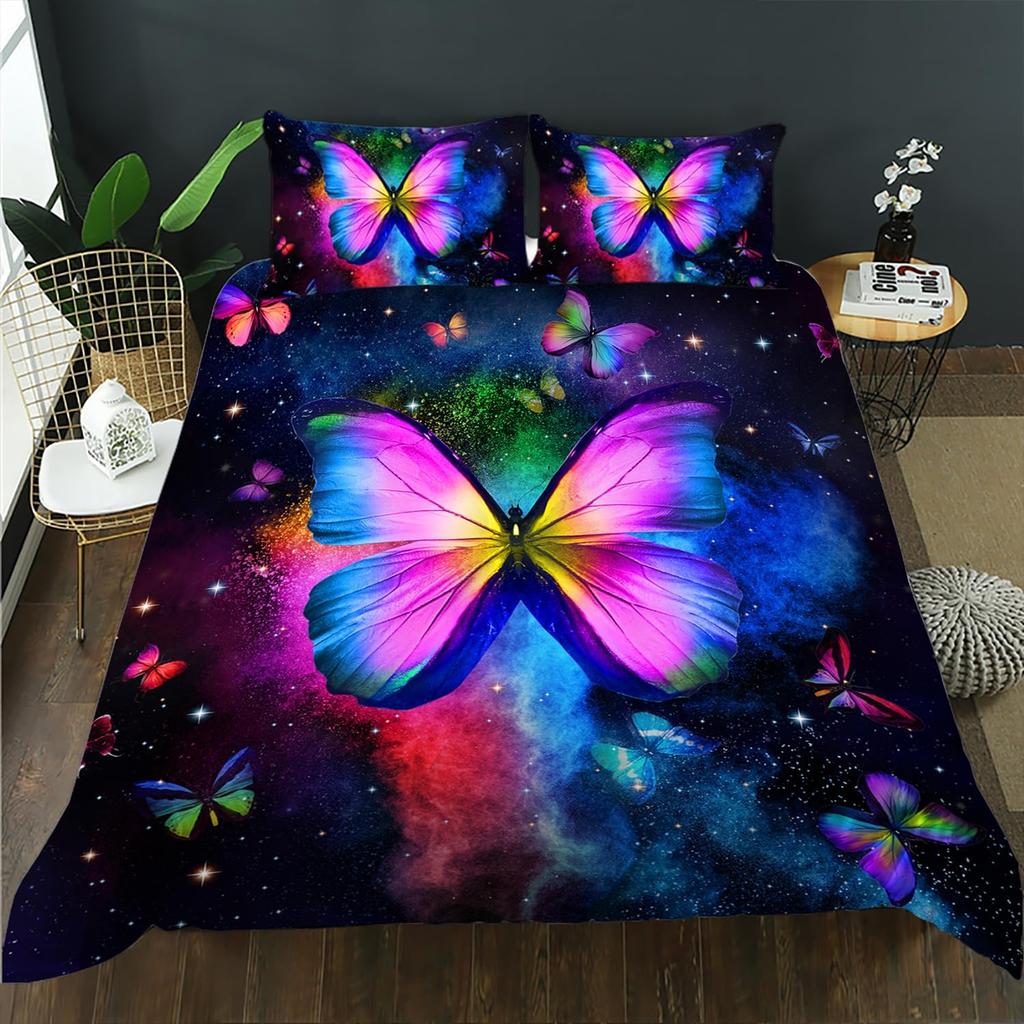 Butterfly Duvet Cover Set Queen King Size Sparkly Blue Butterflies Bedding Set Boho Style Quilt Cover Set For Girls Kids 3 Pcs