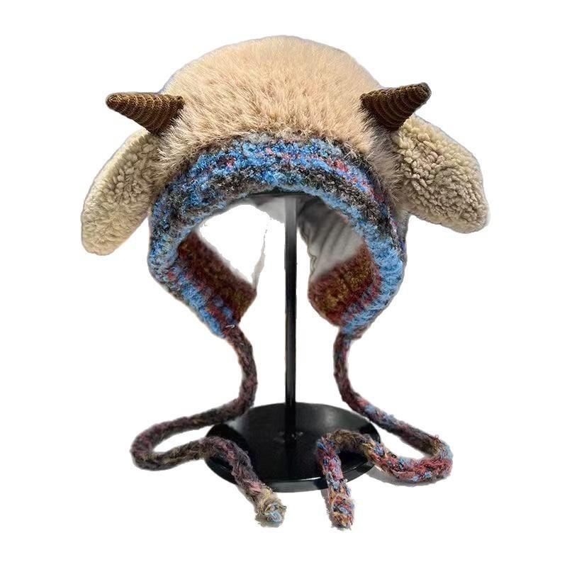 Cute Lamb Ears Plush Hat Women's Winter New Face Small Knitted Wool Hat Warm Ear Hat