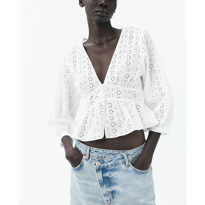 Summer New Women clothes French style Niche White Cotton Hollow Embroidery V-neck Long sleeve Shirts 3722819
