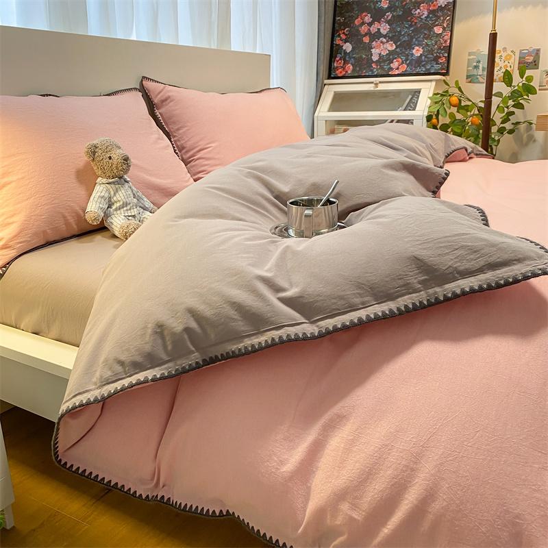 3pcs Washed Cotton Shell Edge Solid Color Reversible Bed Sheet Set 120cm Single Bed Dormitory Bedroom Light and Breathable Machi
