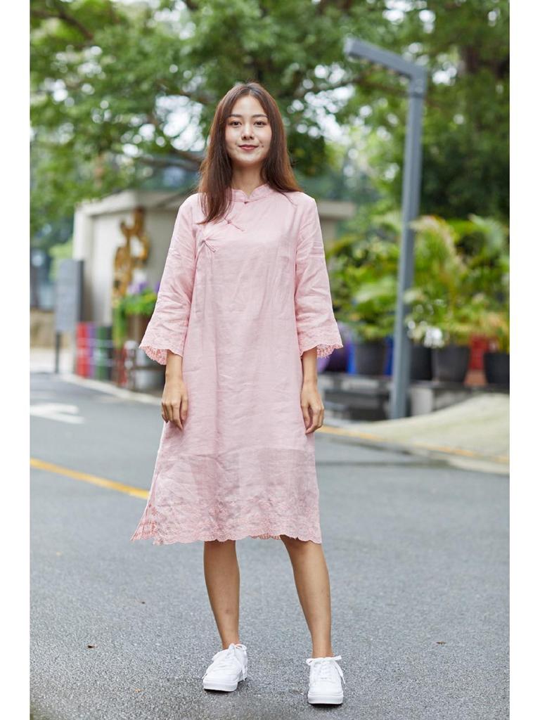 2020 Summer Women's Soft Pink Lotus Sleeve Cotton Linen Embroidery Dress