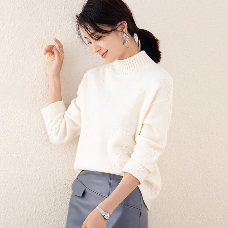 TUHUANG Women's Thickened Pure Wool Beaded Turtleneck Sweater