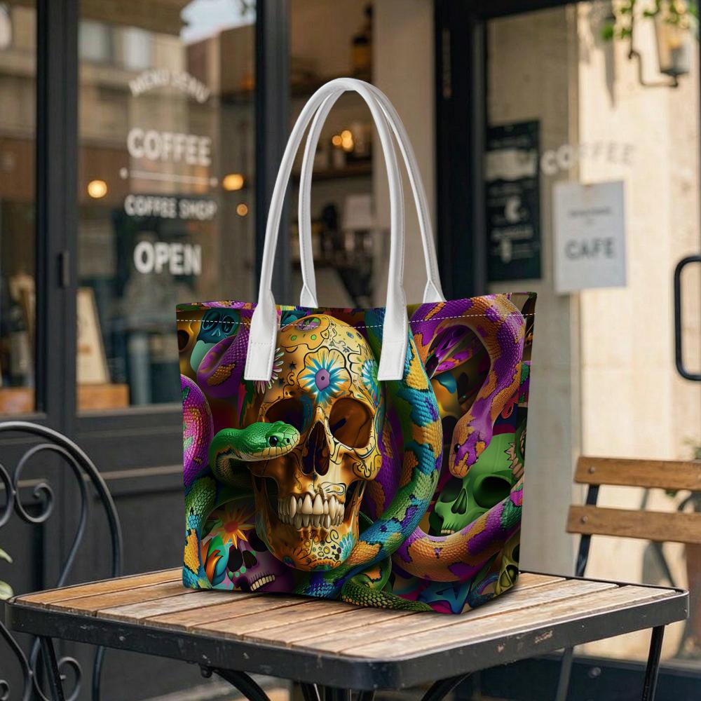 Colorful Skull Snake Print Tote Bag Fashion Casual Large Capacity Daily Carry Handbag