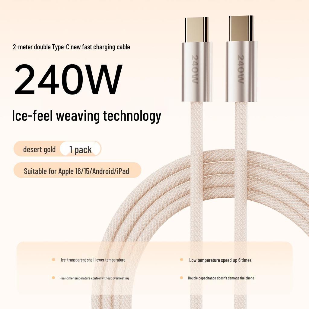 240W opletený datový kabel typu C, duální, se pozlacenými konektory, kompatibilní s Apple 8-17 a Android.
