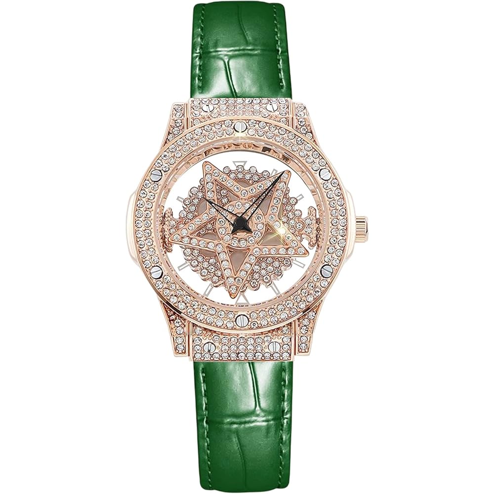 Rorios Women s Stylish Analog Watch Green Gold 30M Waterproof Leather Band Star Dial Quartz