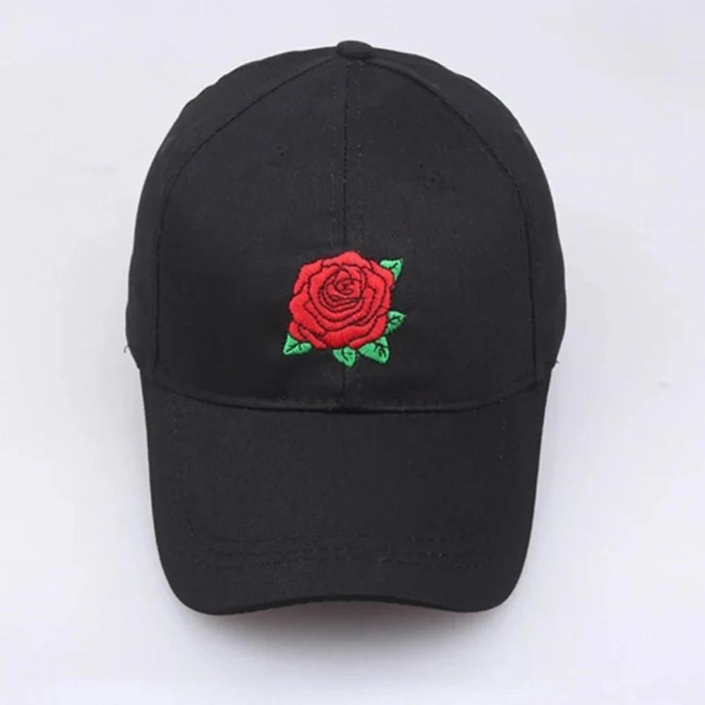 Rose Embroidery Baseball Cap Black Cotton Snapback Hip Hop Hat Unisex