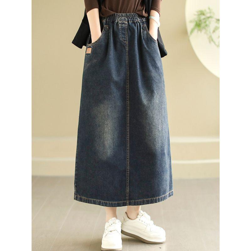 

Daile Original New Arrivals Retro Artsy Washed Cotton Denim Skirt Patchwork Design Slim Fit Slimming Denim Skirt Blue L