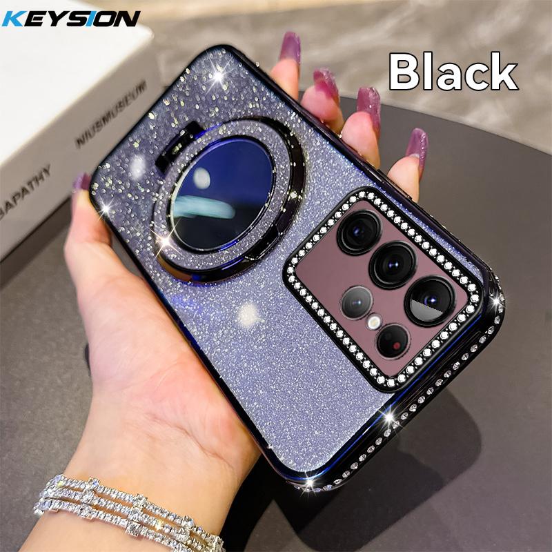 KEYSION Glitter Jewelled Magnetic Phone Case for Samsung Galaxy S22 Ultra S21+ Plus S20 FE Makeup Mirror Stand Shockproof Cover