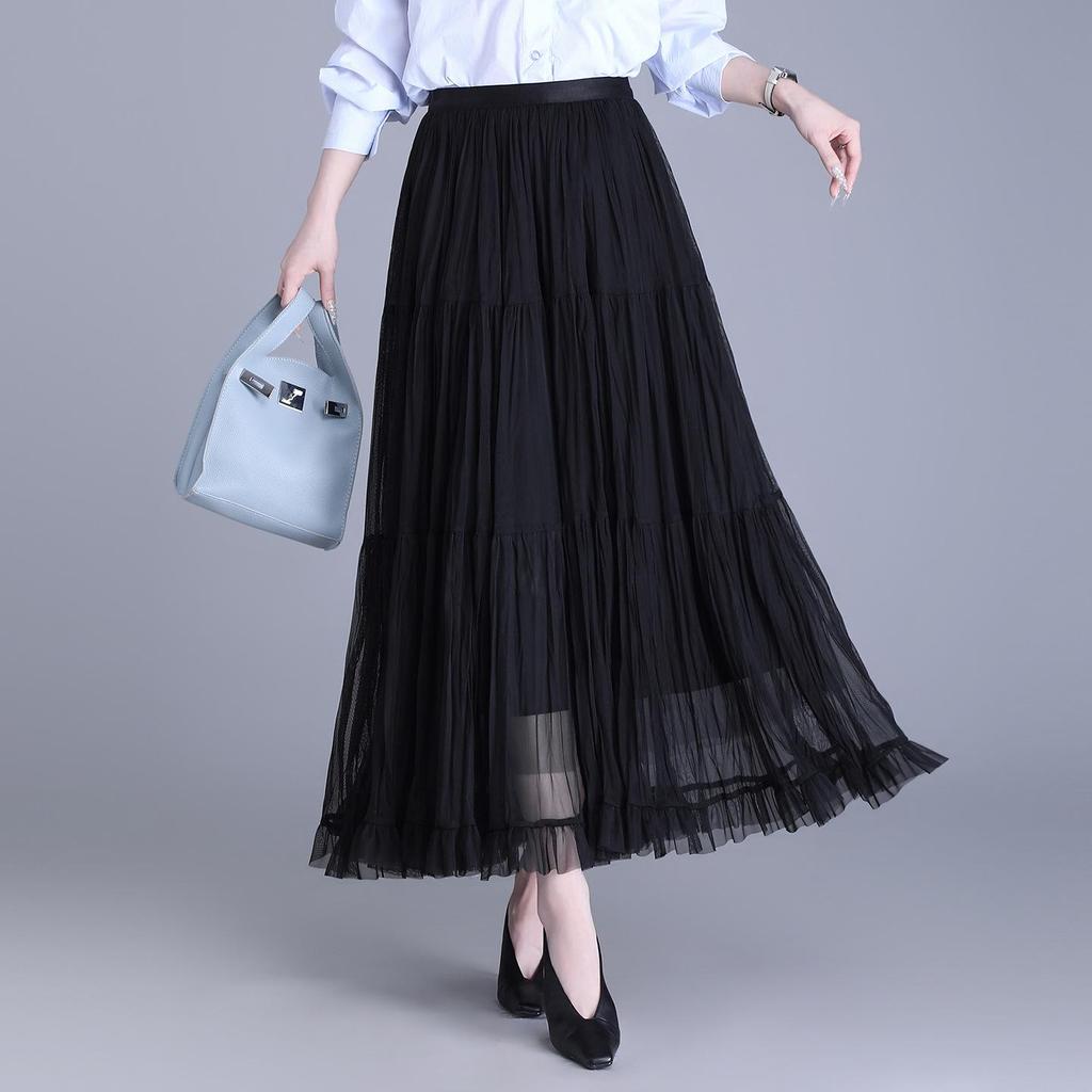 Women's 2026 Retro Ruffled Pleated Mesh Skirt - Slimming Elastic Waist, Early Spring