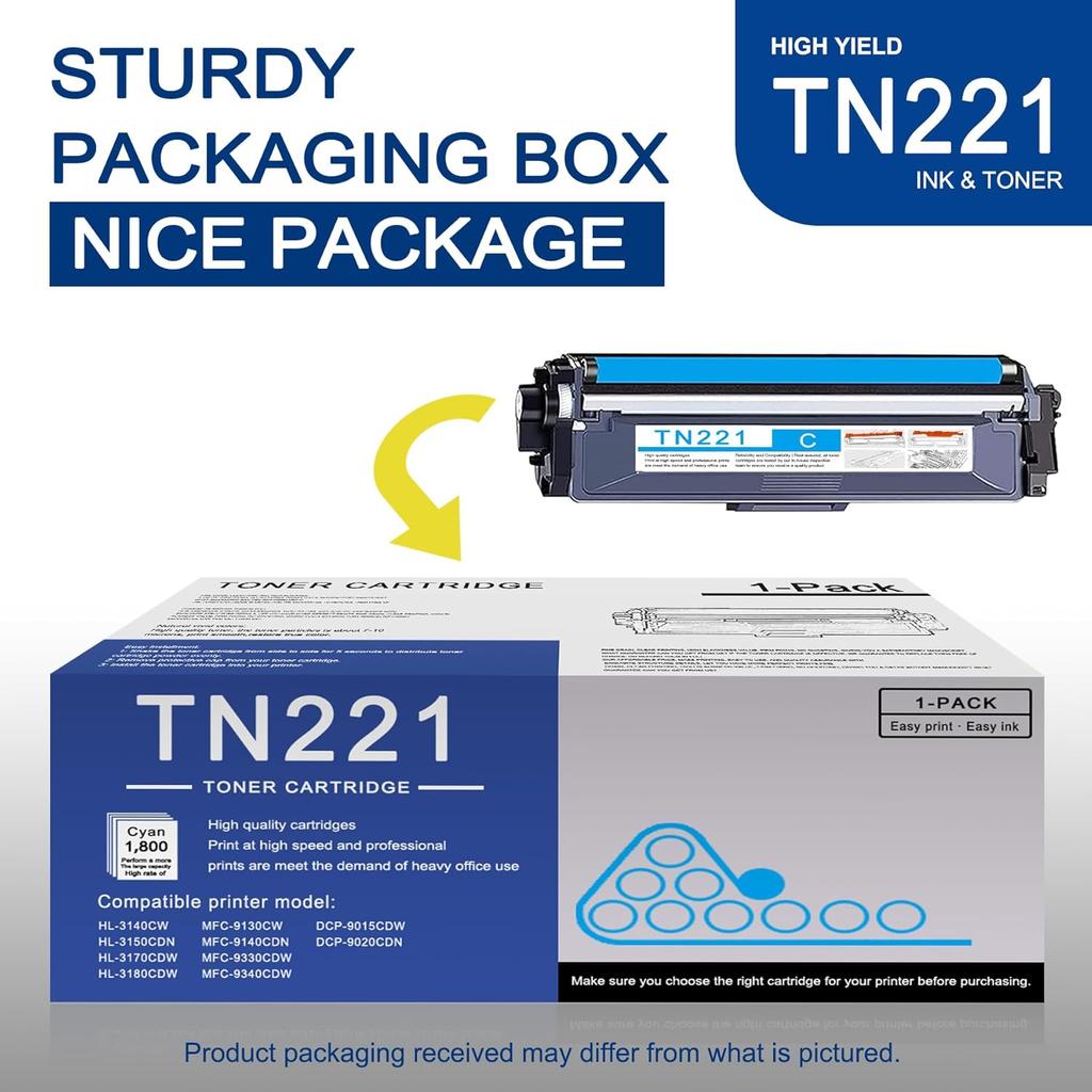 1 Pack TN221 Cyan Toner Cartridge High Yield Compatible TN221 Replacement for Brother HL-3140CW 3150CDN 3170CDW MFC-9130CW 9140CDN 9340CDW