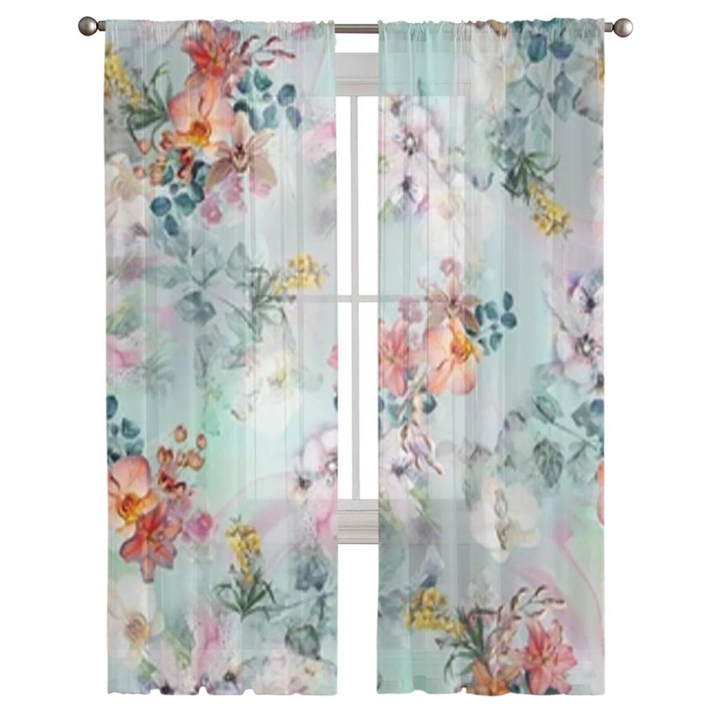 Transparente Vorhänge mit abstraktem Blumenhintergrund, Voile-Vorhang für Schlafzimmer, Wohnzimmer, Fenster, transparente Vorhänge für die Küche, Tüllvorhänge