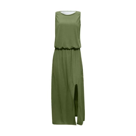 Women Beach Dress Round Neck Sleeveless Elastic High Waist Maxi Dress with Pockets Solid Color Split Hem Long Dress