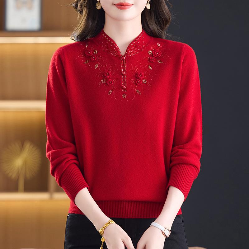 Stylish Qipao Collar 100% Wool Sweater for Middle-Aged & Elderly Women - Warm Winter Knitwear