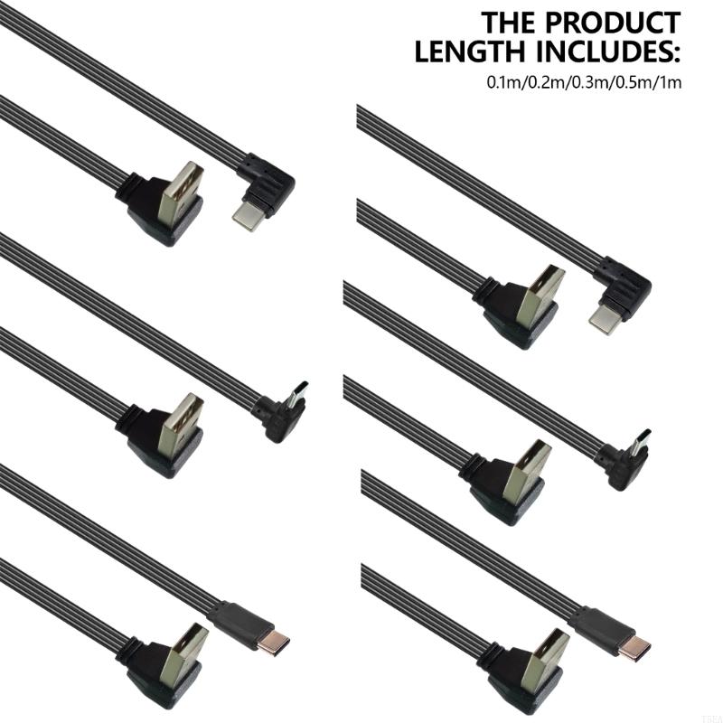 USB 2.0 Male to USB C Data Cord Wire Straight Head/90 Degree Bend Flat Cable for Tablet Phones 480Mbps Data Transfer