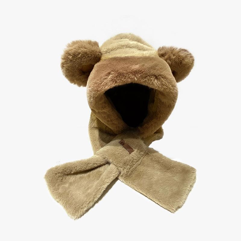 New Bear Hat Winter Cute Warmth Thickened Scarf Integrated Ear Protection Hat Three Piece Set Riding Cold Imitation Rabbit Hair