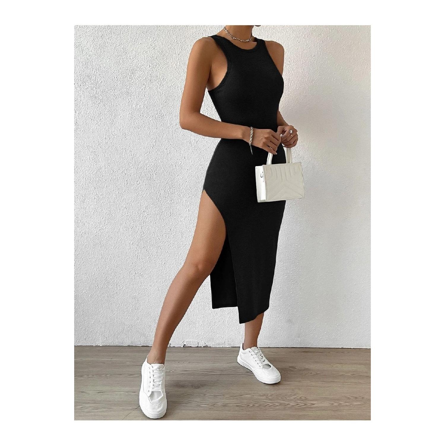 

Женское черное платье в рубчик с открытой спиной и разрезом Standart чёрный