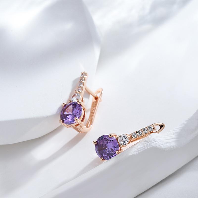 Boucles d'oreilles rondes de luxe en zircon naturel violet, style anglais, pour femmes, couleur or rose, mariage, bijoux fins quotidiens, cadeau pour fille