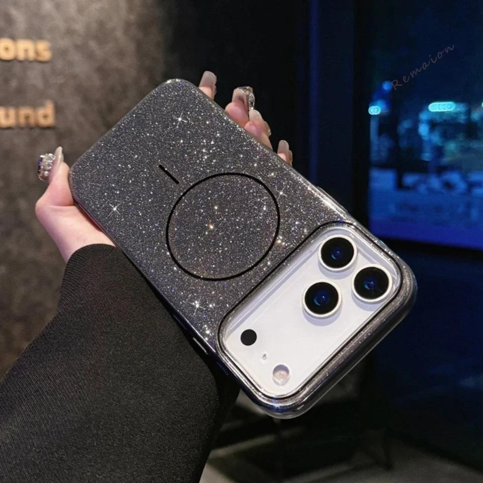 Magnetic Phone Case for iPhone 17 16 15 14 13 Pro Max Air Plus For Magsafe Funda Bling Bling Glitter Wireless Charger Cover