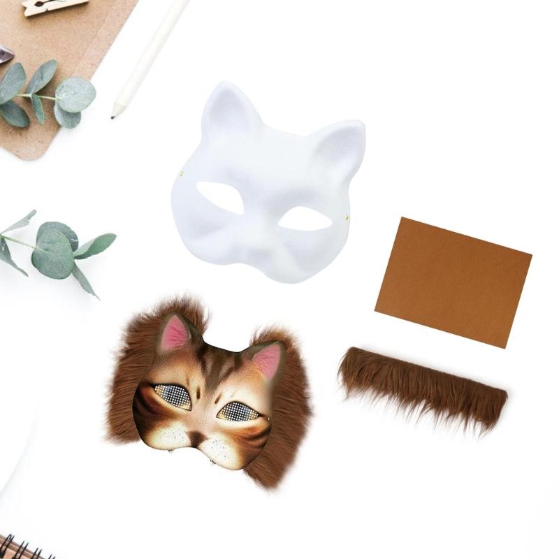 Paintable Cats Face Mask with Furry Trim Adhesive Fabric Unpainted Masquerades Mask for Kid Adult Adhesive Party Mask