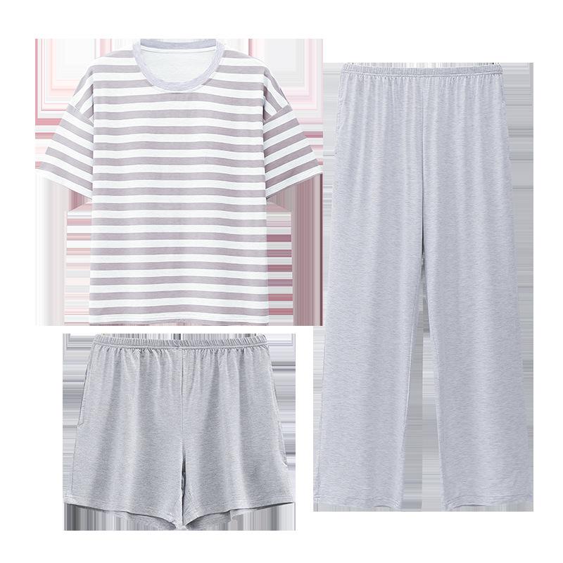 Women's Summer Three-Piece Modal Pajama Set with Bra Pads - Short Sleeve Top, Shorts, and Long Pants for Indoor/Outdoor Wear