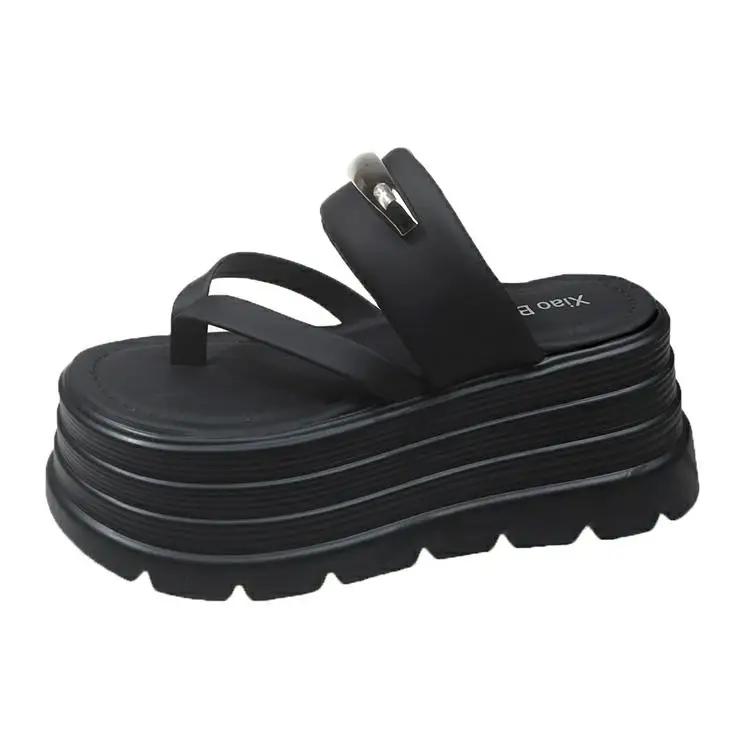 Fashion 2025 New Summer Platform Wedges Slippers 8CM Heels Peep Toe Sandals Ladies Beach Flats Shoes Women Moccasins Leather Flip Flops