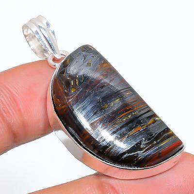 Natural Tiger Eye Gemstone Handmade 925 Sterling Silver Pendant 1.81" h5Q40