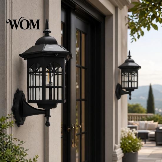 Solar Courtyard Lighting Vintage Wall Light, Motion Sensor Outdoor Sconce with Glass Automatic Dusk To Dawn Light Shade, Waterproof Garden Lantern for