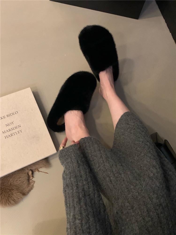 

Тапочки Mao Mao женские осенне-зимние 2025 толстая подошва внутренняя высота увеличение сумка голова полутапочки искусственный норковый мех леопардовый принт лез 35 чёрный