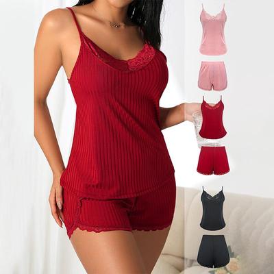 Trendiger Roter Spitzen-Patchwork Sexy Sommerpyjama für Damen - Camisole-Stil